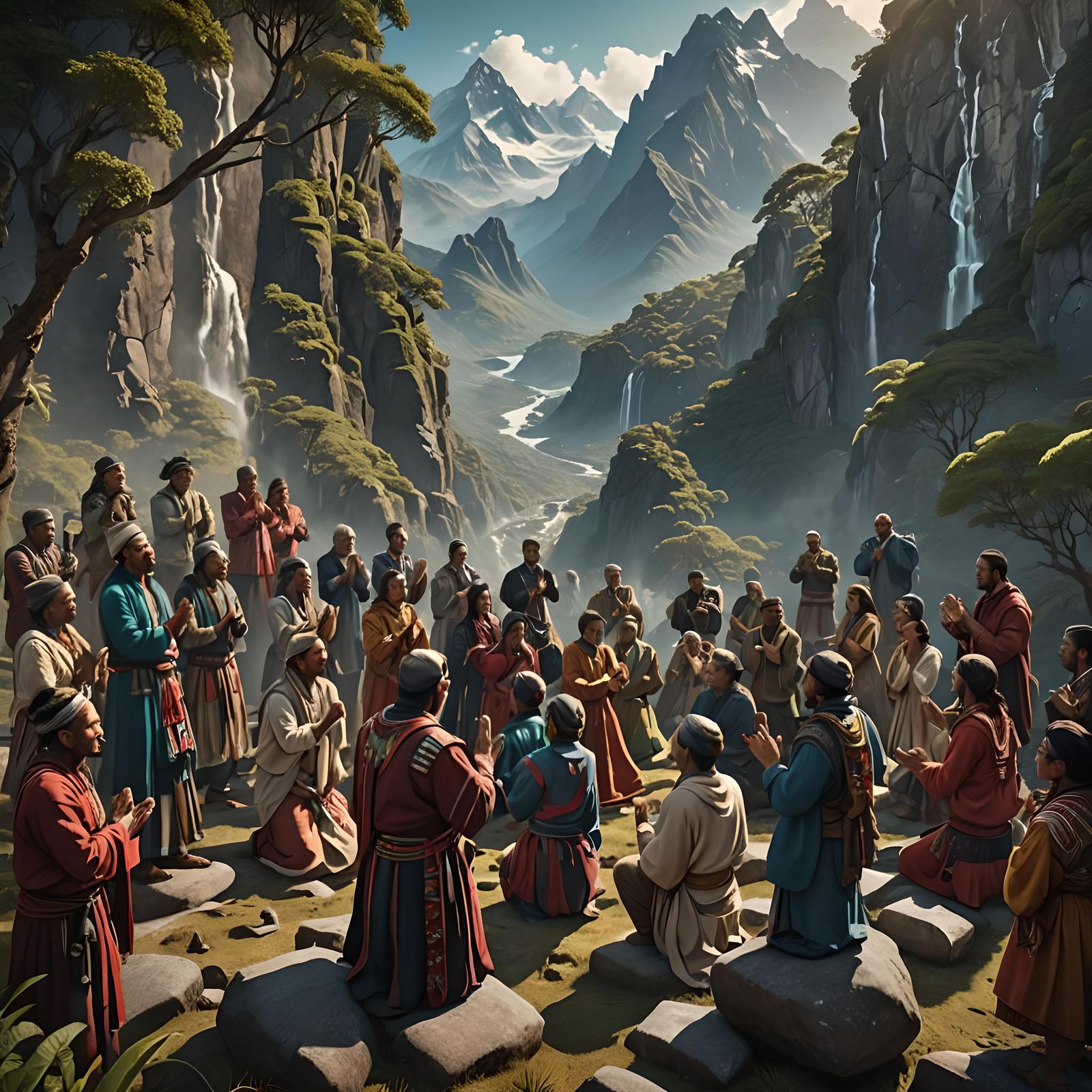 South American men and women in traditional clothing in a mo...