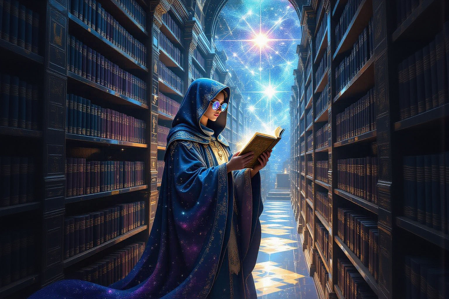 A celestial librarian with shelves made of starlight, organizing constellations and galaxies in an endless library. The librarian wears robe...