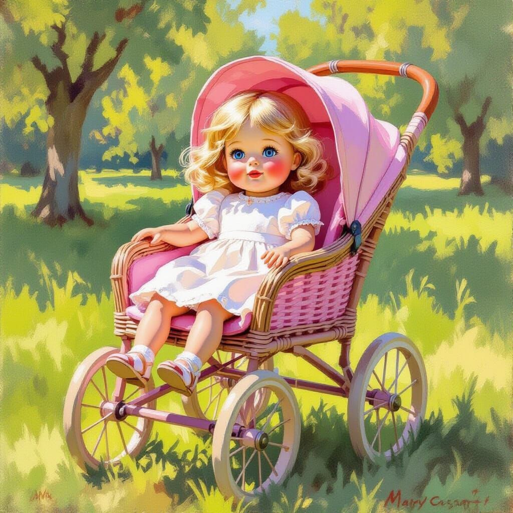 Doll in Pink Stroller on Sunny Park Day