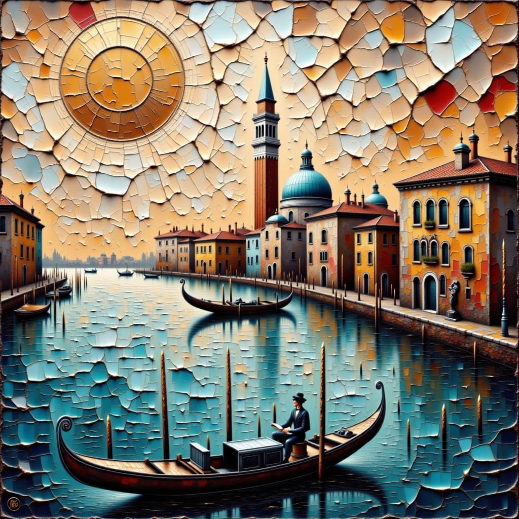 <lora:Cracked Impasto:1.0>  with a Venice skyline . The art is presented on cracked paper, featuring a mixed media collage with large pieces...