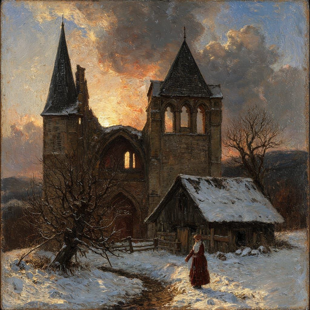 monastery ruins and cottager on a winter evening