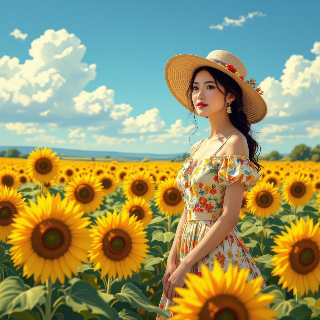 Woman in Sunflowers, Van Gogh Style