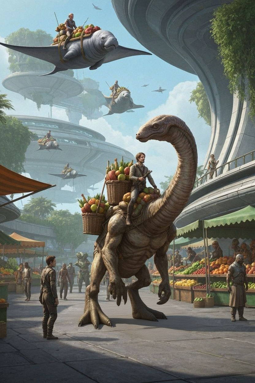 Close up foreshortening on human riding on bipedal alien troll with long serpentine neck with food strapped ...  by @David Myers