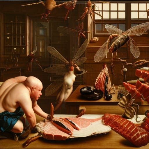 Giant dragonfly stealing a pig carcass from a butcher's shop...