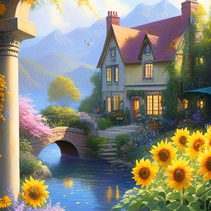 Lovely House with Sunflowers
