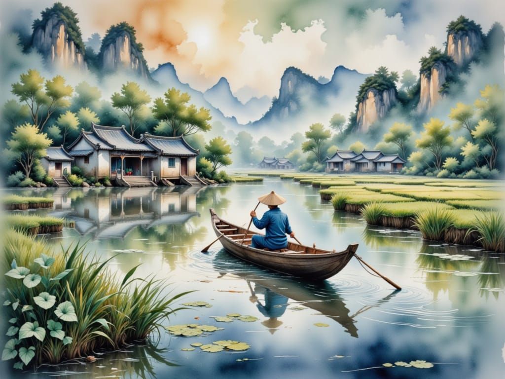 Chinese Fisherman Sailing Through Rice Terraces in Watercolo...