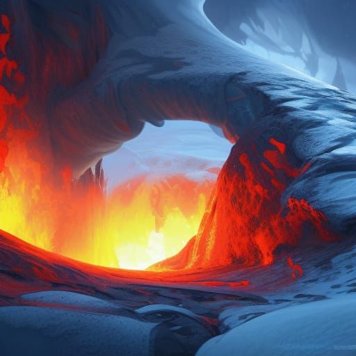 Firey Magma flowing through ice and mountains of snow, a mas...