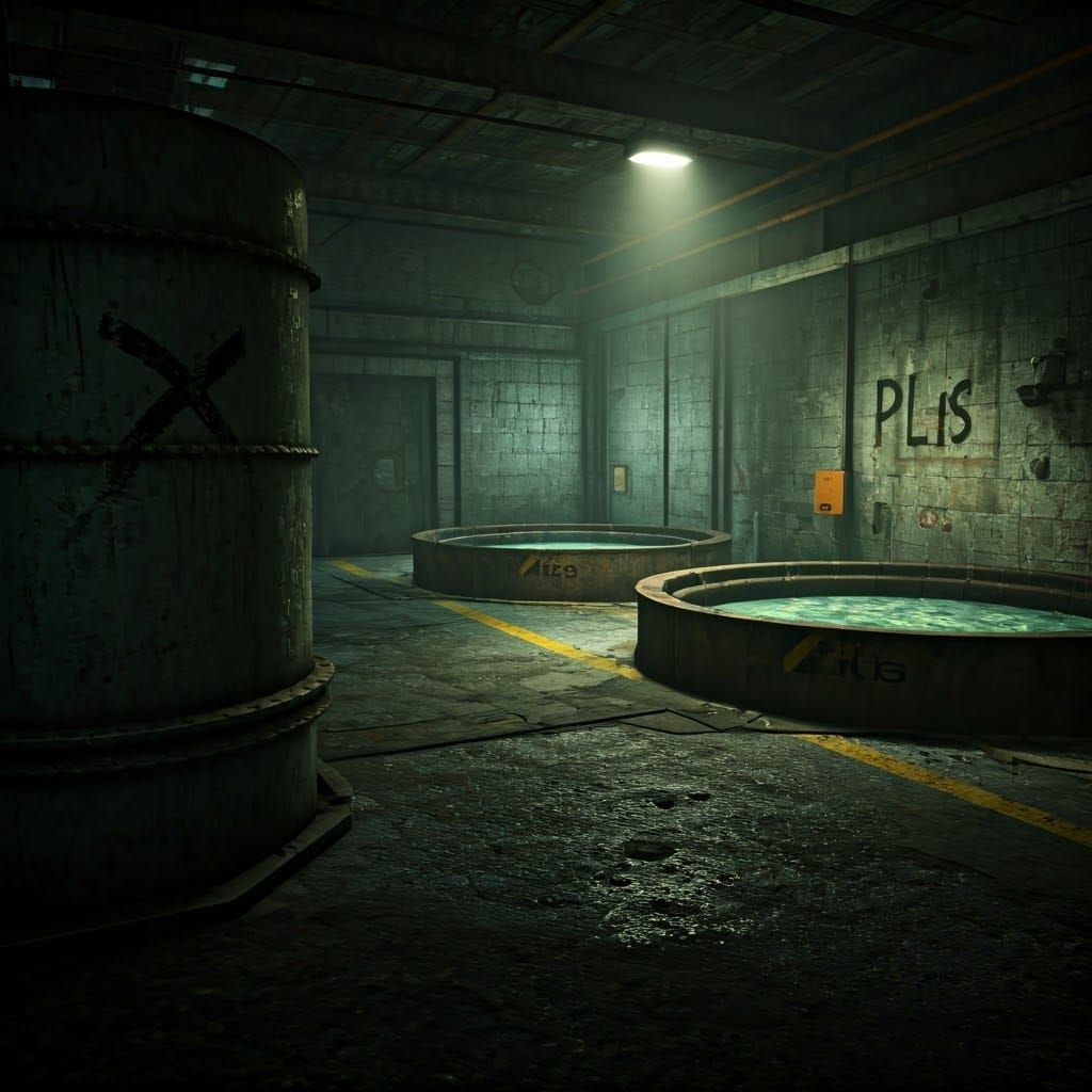 Ominous Industrial Landscape with Mysterious Pits and Graffi...