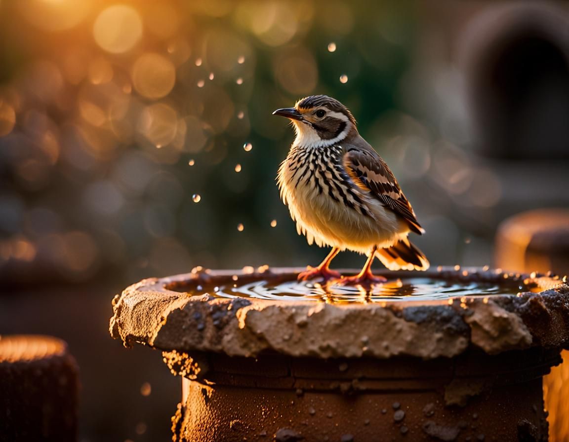 Little sad very wet bird pearching on a dry old well on the ground, Professional photography, bokeh, natural lighting, c...