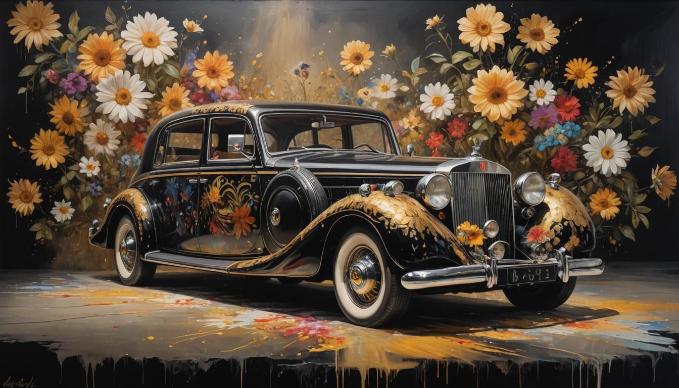 Hyperdetailed painted 1930s Maybach in hippie stlye with flower power, golden highlights, thick brush ...  by @MrMaracuja