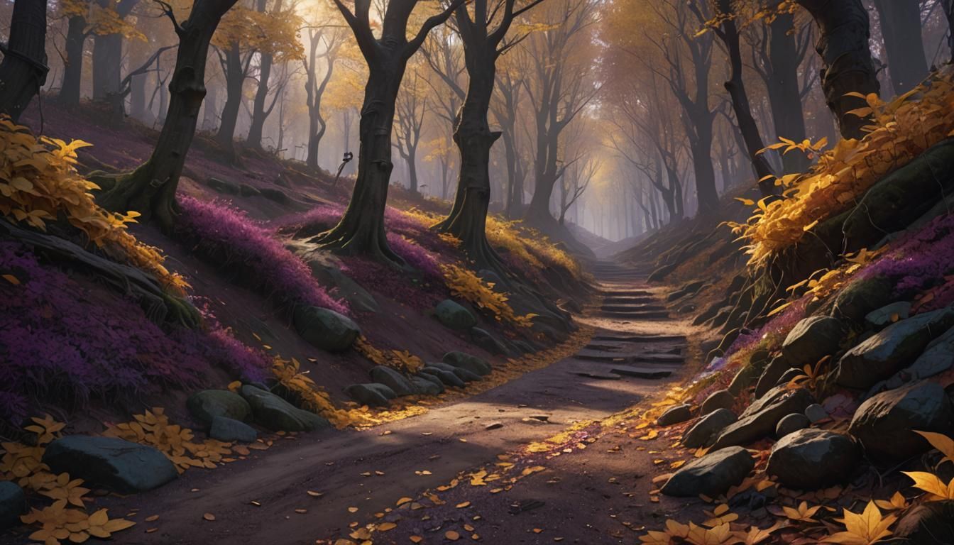 mid shot. a dirt path through the center of a woodland, autu...