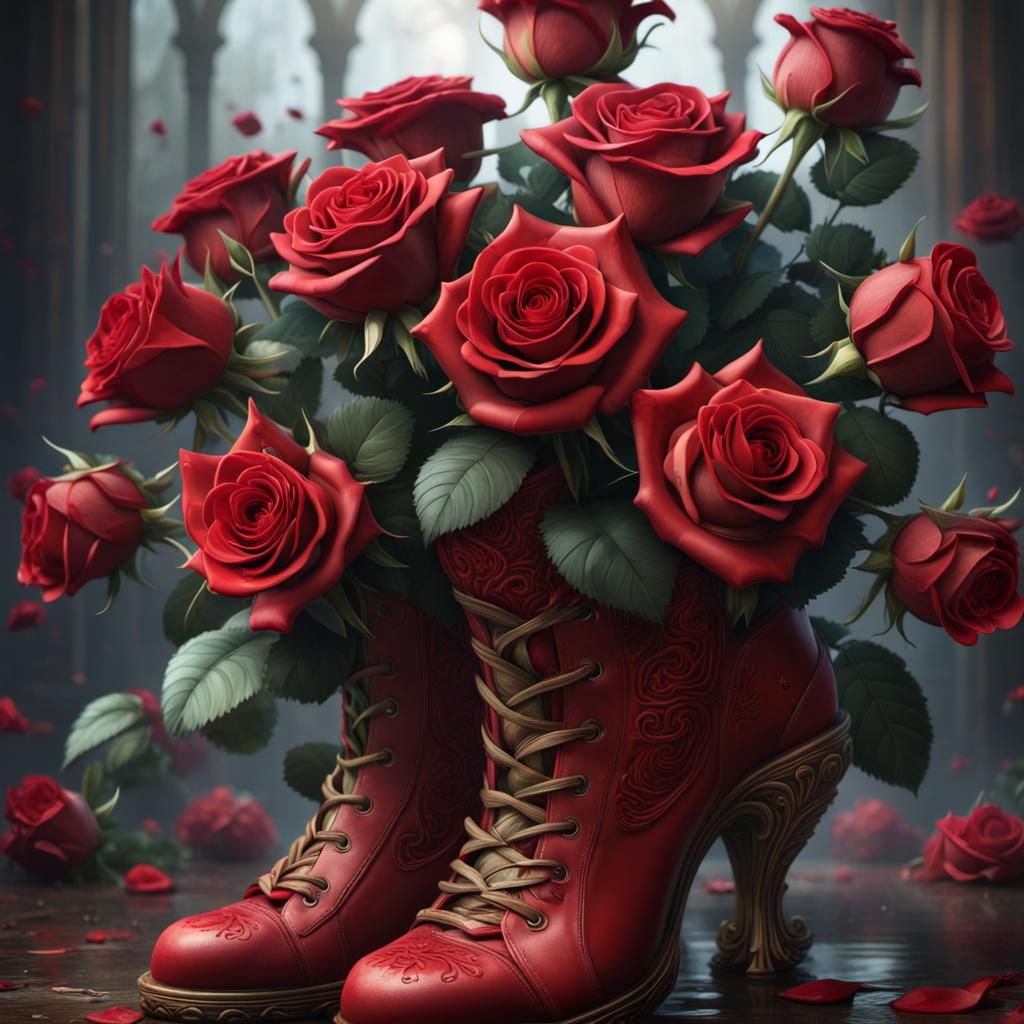 A bouquet of red roses inside a pair of red half heels  by @Gimi