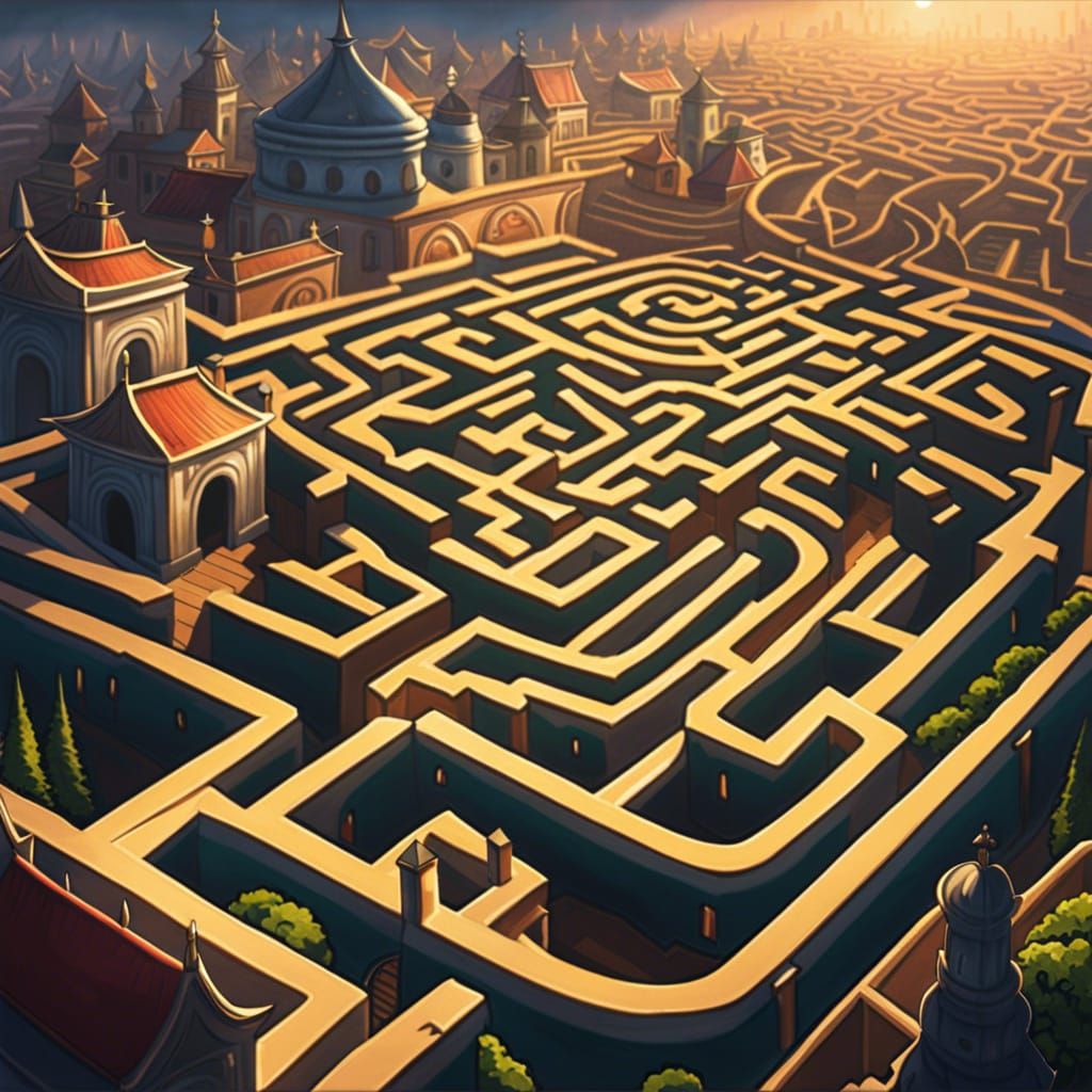 A large maze in the style of a town with a start point and a...