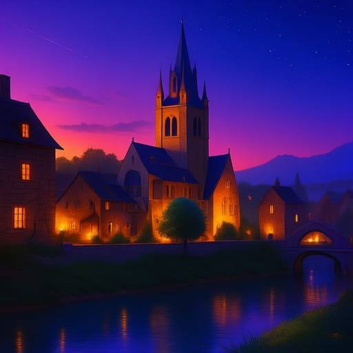 Hyper-realistic medieval village scene, peaceful and rural. Cobblestone streets winding between wooden and thatch houses, dark wooden beams,...