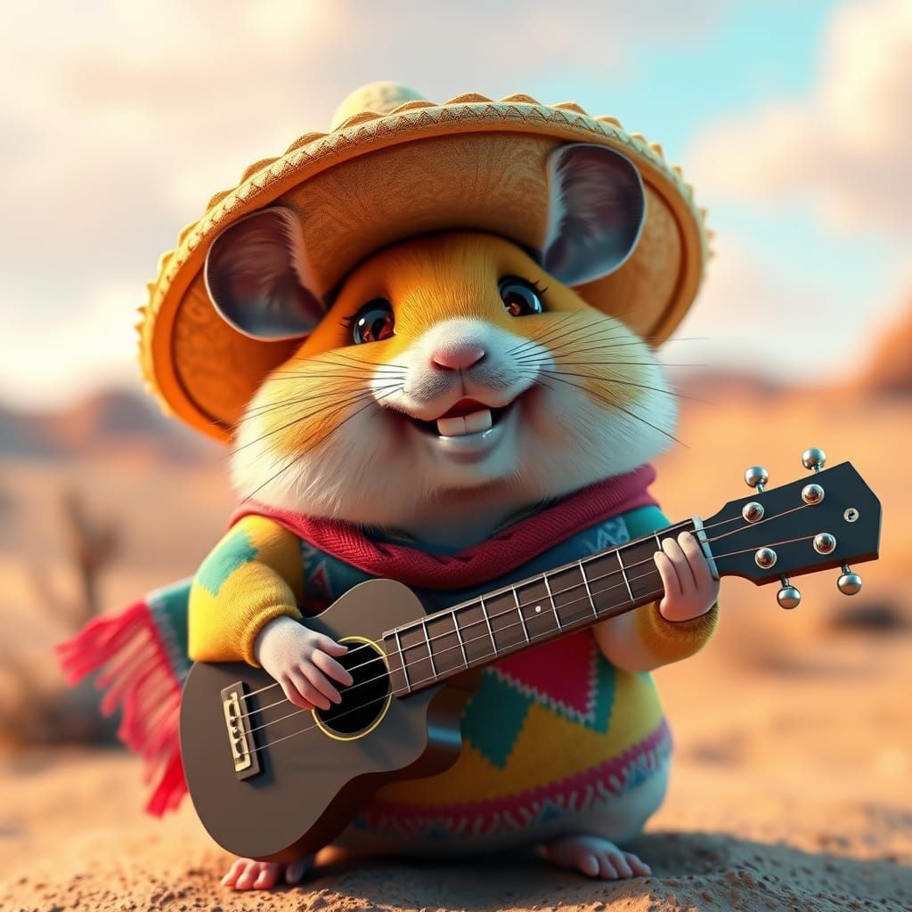 a hamster wearing sarape and a  Sumbreros with a small guitar in hand and  a cute smile with his 2 long ...  by @undefined