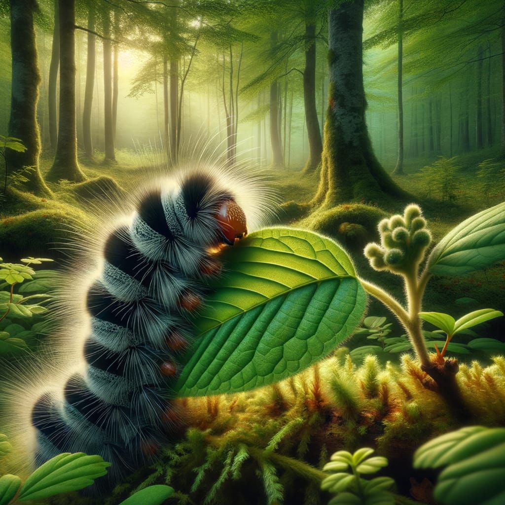 A caterpillar munches on a sassafras leaf in a forest