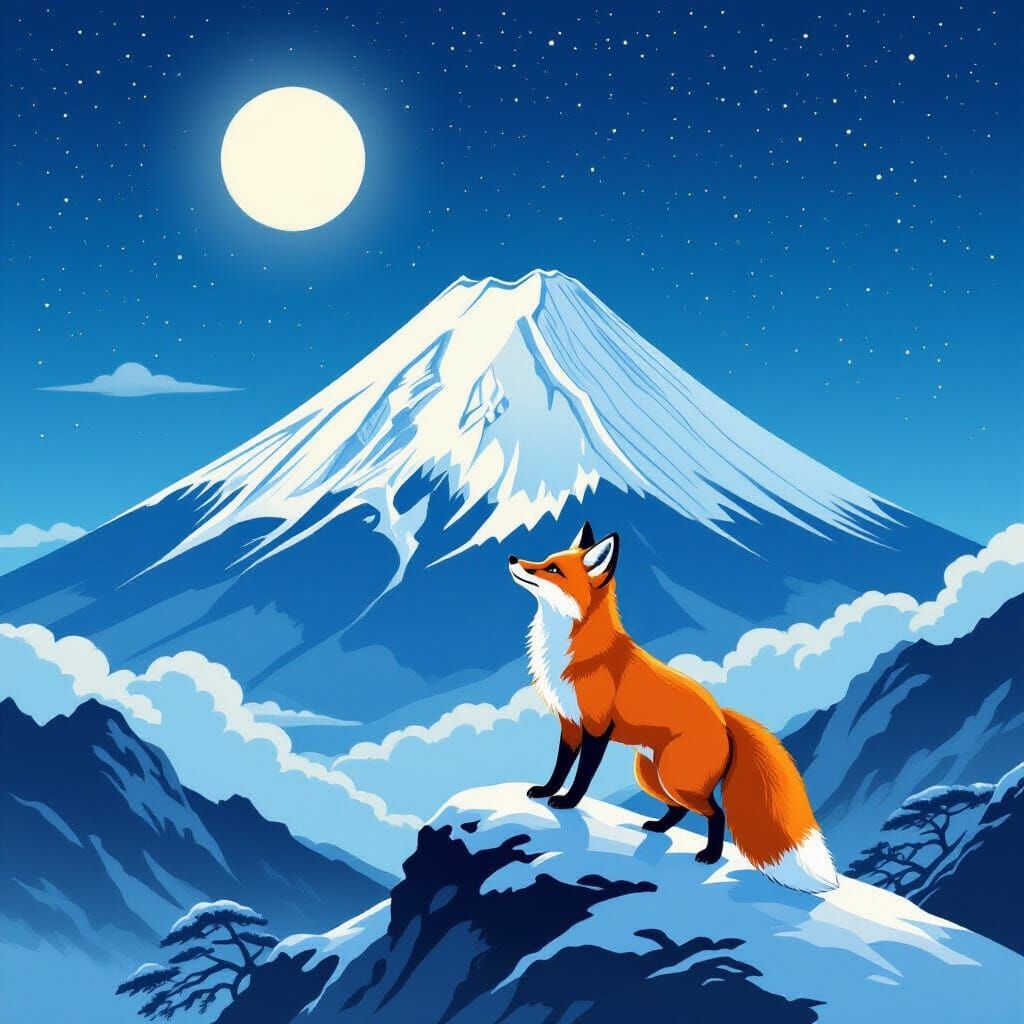 Fox Climbing Mt. Fuji Under Starry Night Sky in Ukiyo-e Styl...