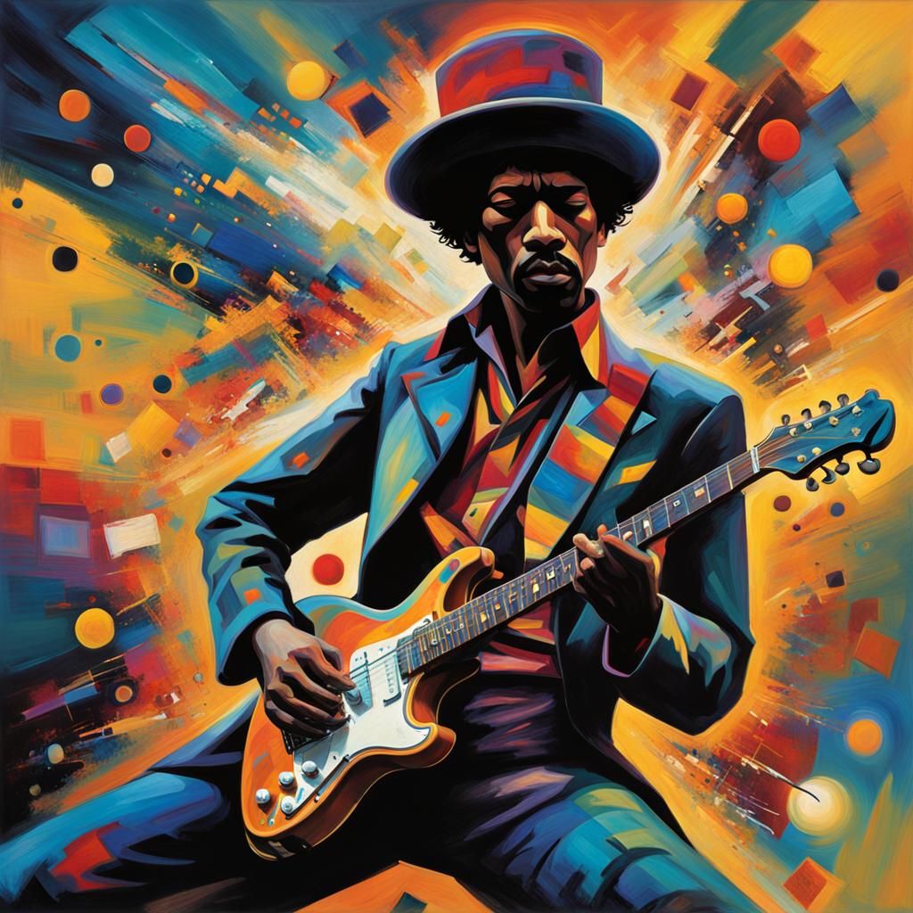 An electric guitar hero in the spirit of Jimi Hendrix, envis...