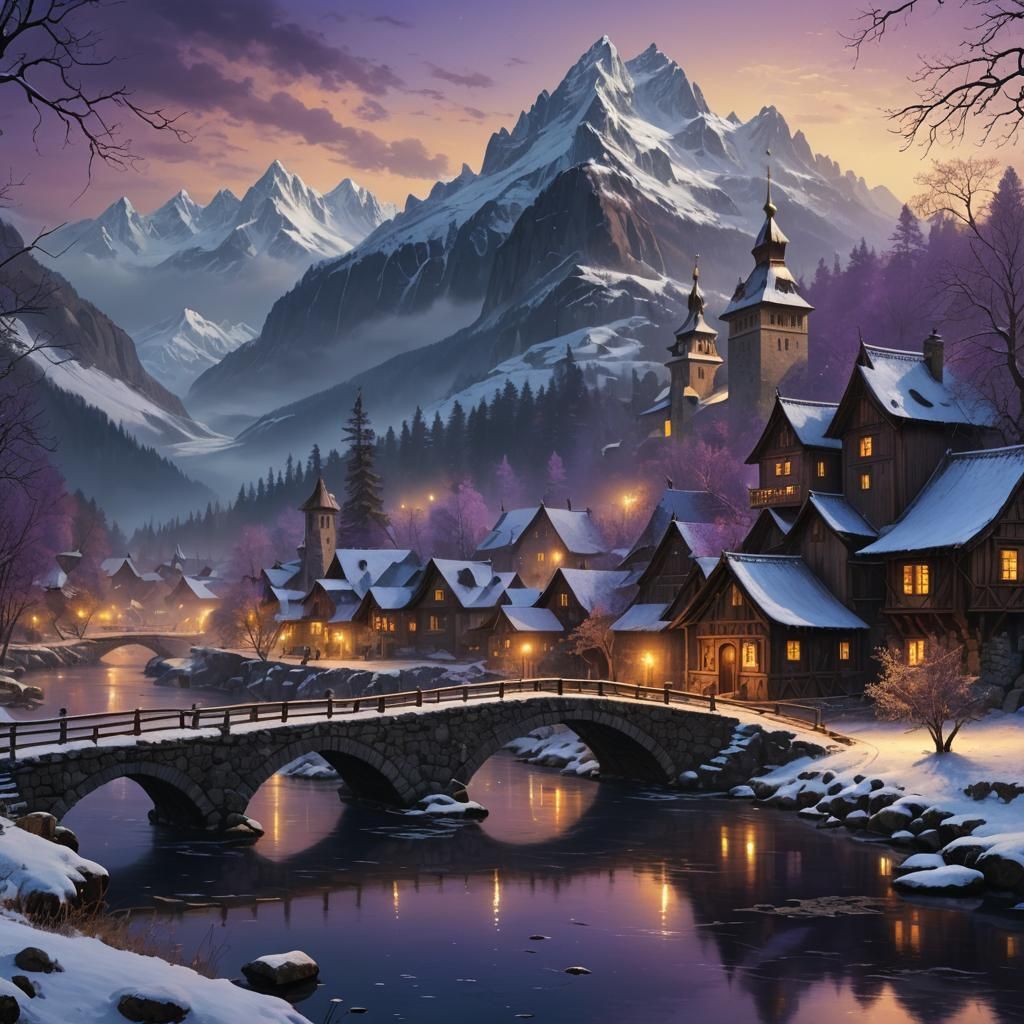 Midnight Village by River: A Matte Painting