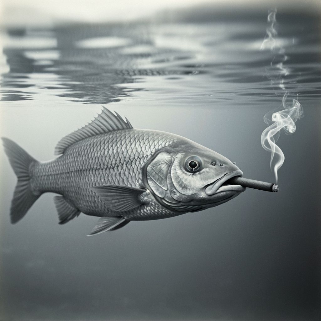 Surreal Fish-Man Smokes Cigar in Vintage Photograph