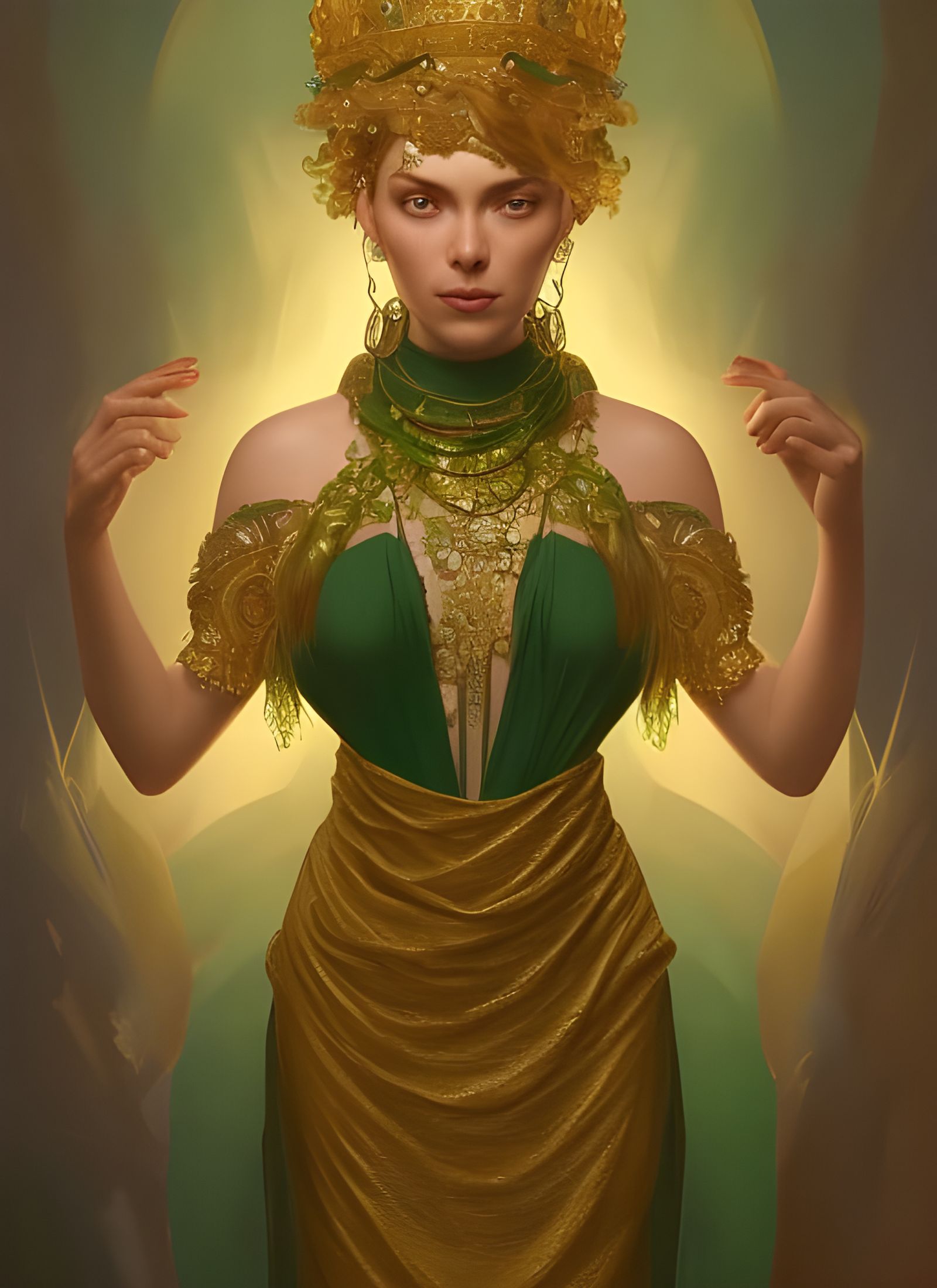 Elaborate Gold Dress Portrait in Art Nouveau Style