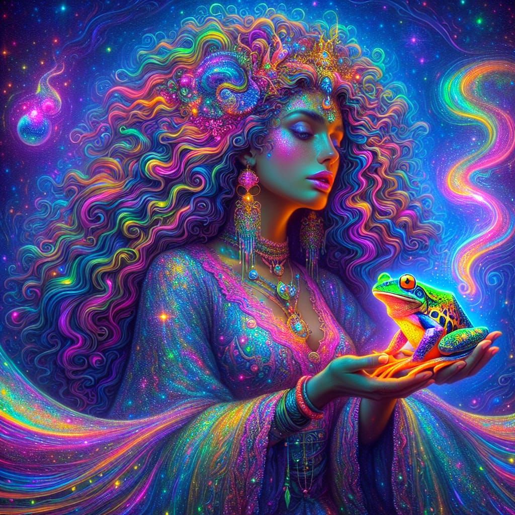 A cosmic woman with vibrant, curly long hair adorned in irid...