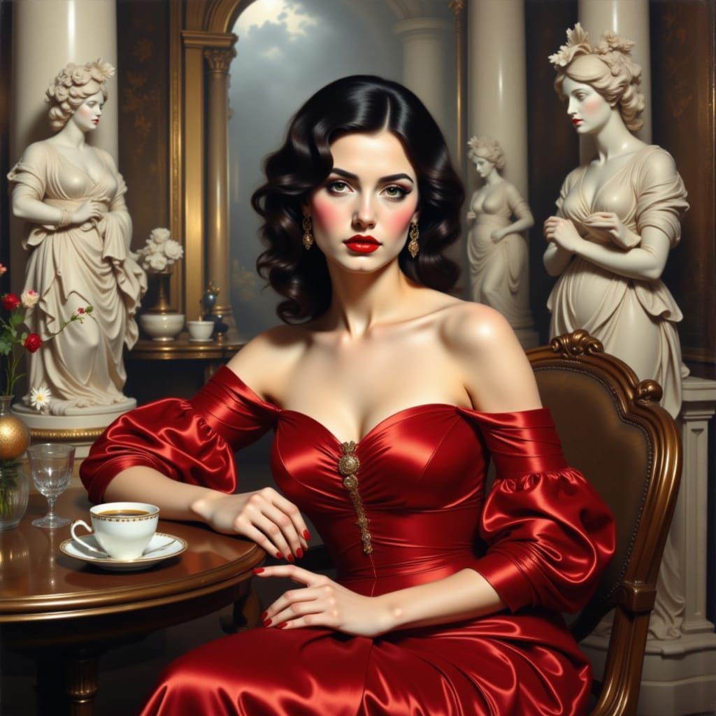 Woman in Red Dress with Coffee Cup, Classical Setting