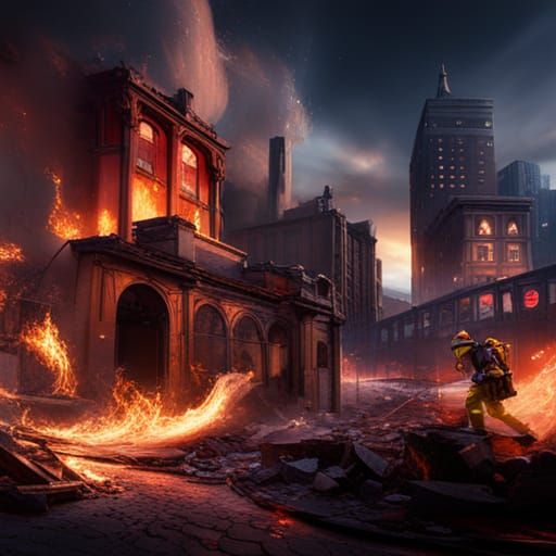 Fire Fighters putting out fire on building