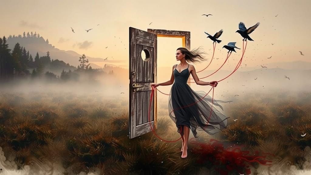 painting by Tony Allain, mist, fantasy landscape, shadows of trees, tall grass, barefoot woman, wind, birds