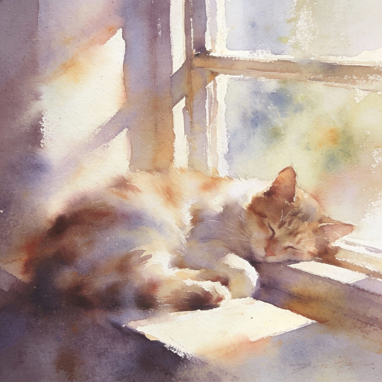 Dreamy Blur. Watercolor painting. An everyday moment of a cat napping on a sunlit windowsill, the edges ...  by @whiterose