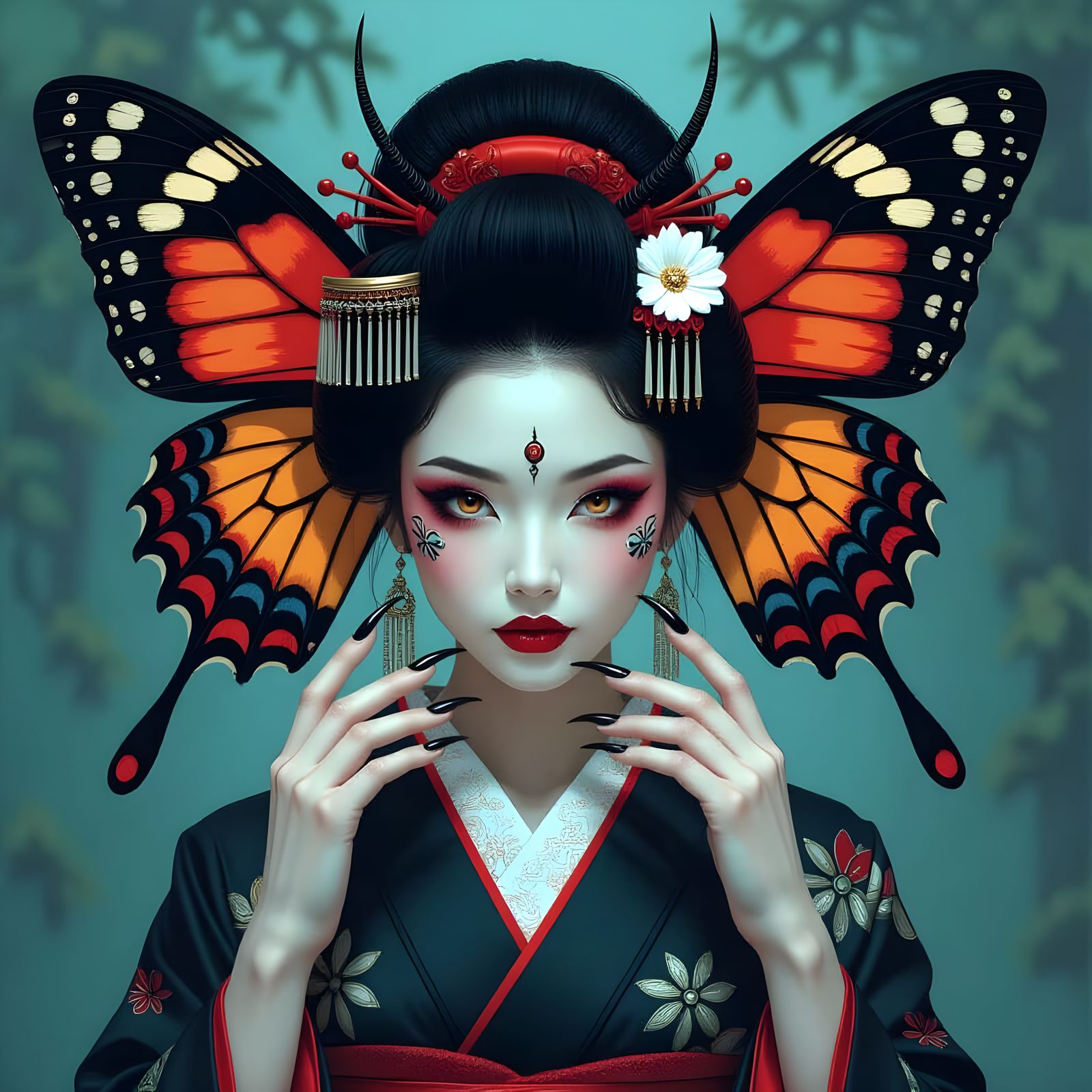 A geisha lady with large moth wings ears with a human body,totally black eyes,scary,mirrored,psychedelic,big ...  by @Psyborg