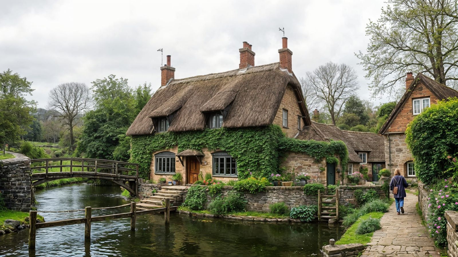 cute english countryside cottage, thatched roof, stone walls, overcast sky, lush greenery, winding river, wooden bridge,...