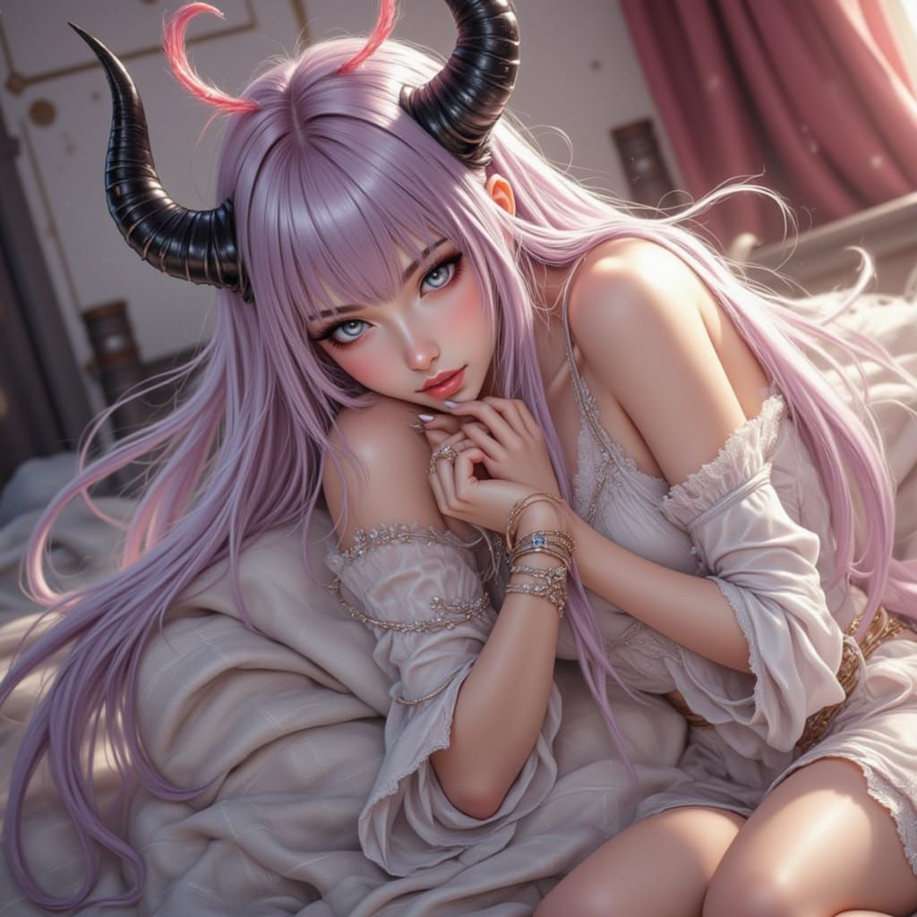 Demon Goddess and Nerdy Man in Anime Style