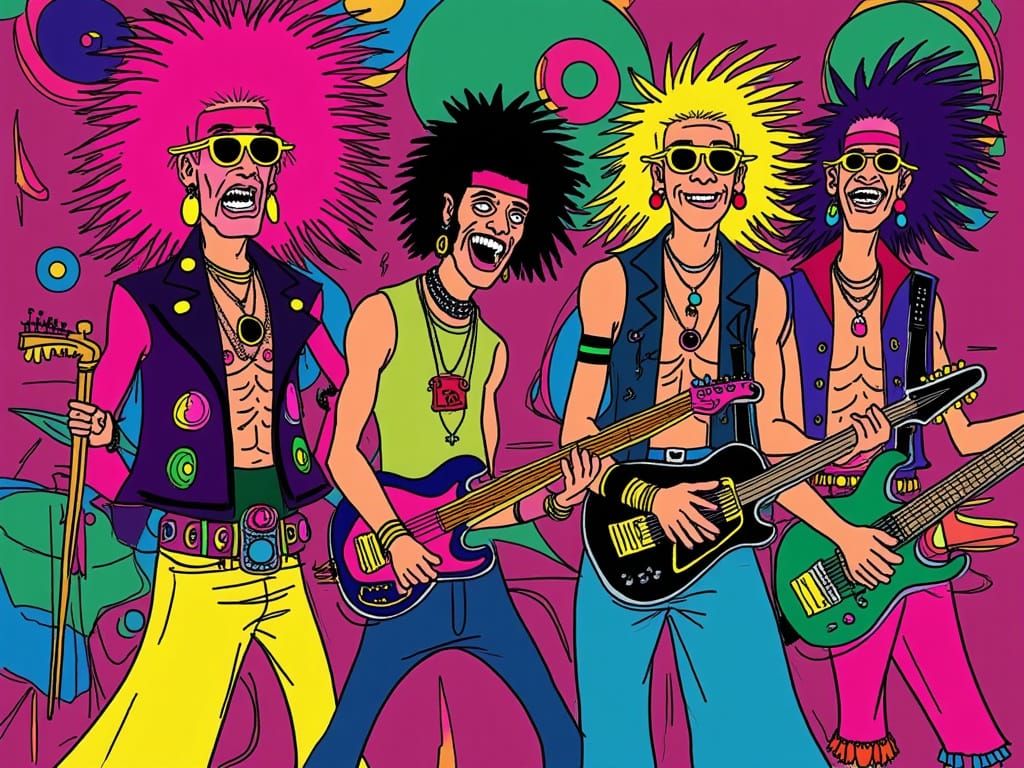 MTV cartoon of a typical big hair metal band <lora:PXSketchFlux:1.0>