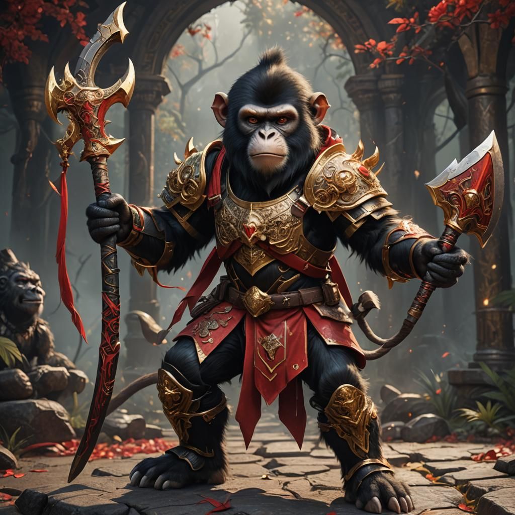 black good monkey in red and gold armor with red axe