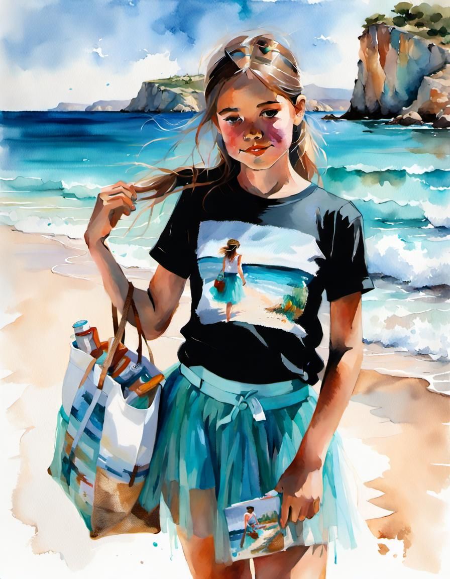 Watercolor painting of girl with bag full with beach stuff