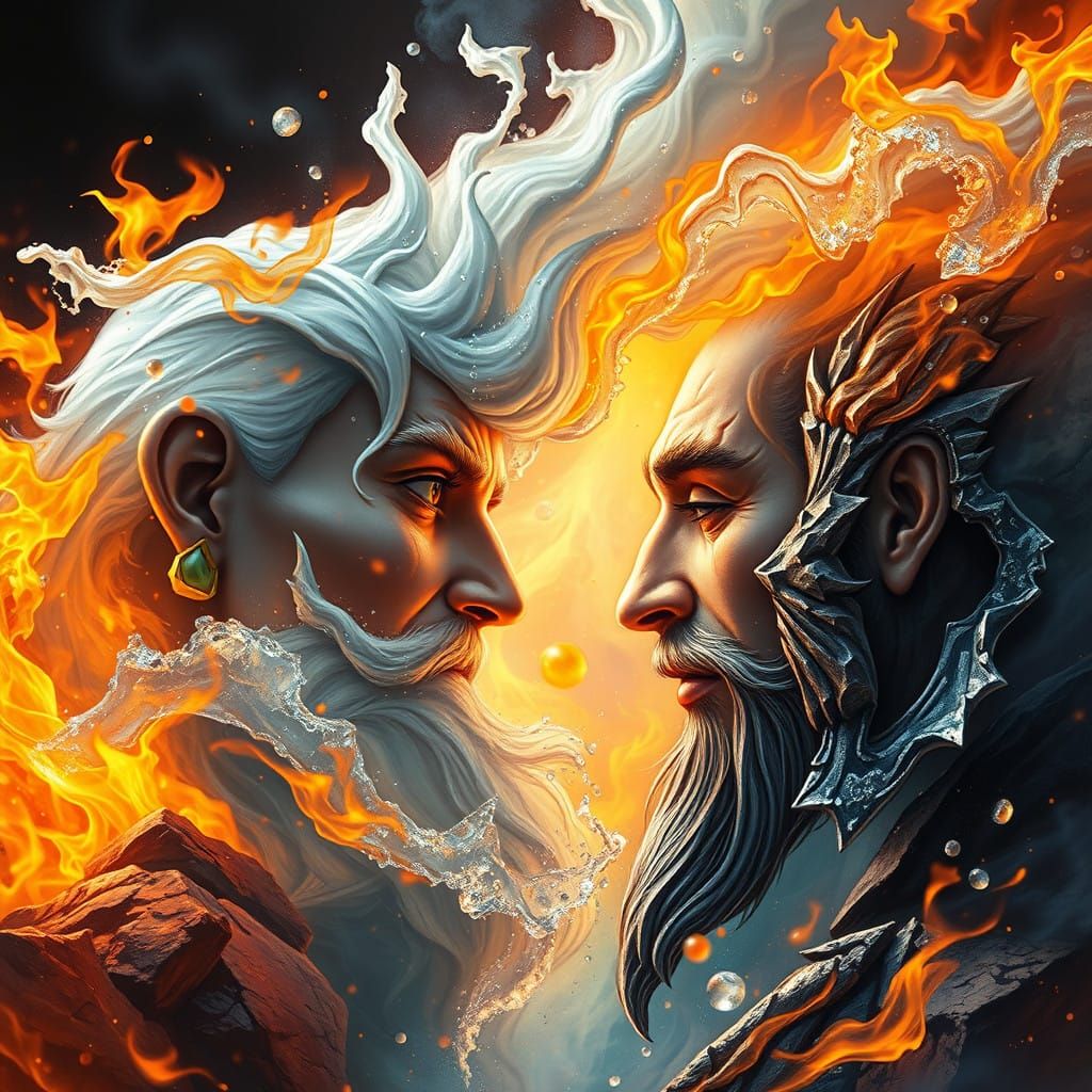 fire and water, stone and air intertwine with each other, and a magical genie is formed from the steam above them