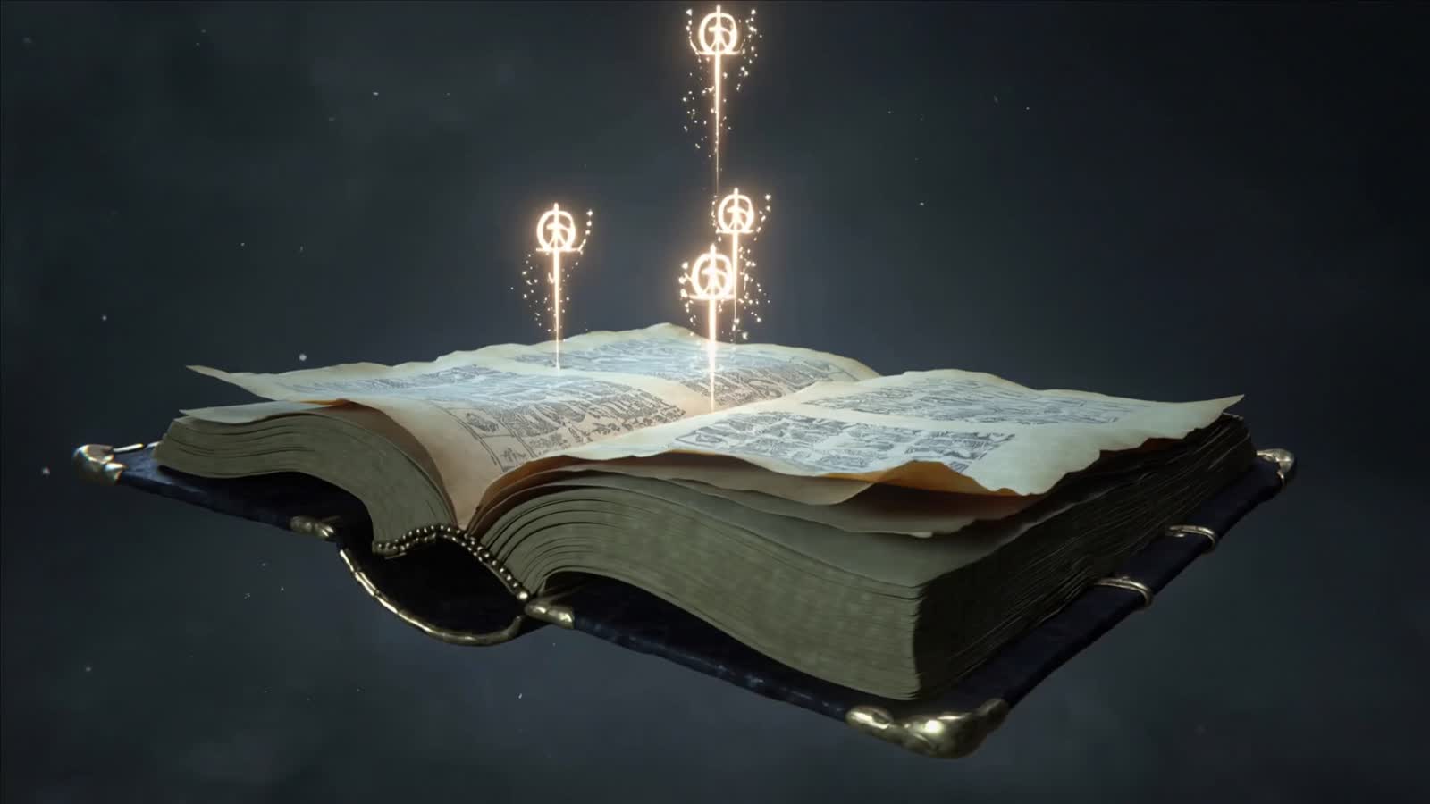 Ancient book floats open mid-air as glowing runes and swirling energy rise from the pages. Camera orbits around the book...