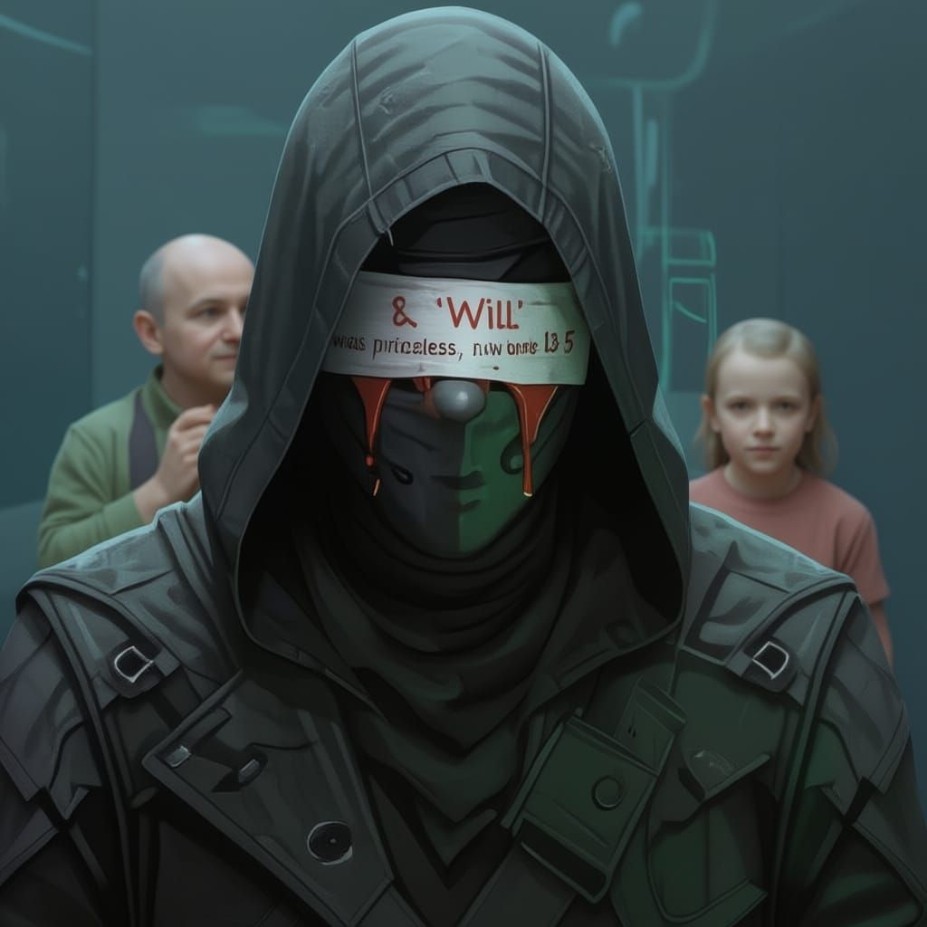 Nightmarish cyber-horror scene in a dark, smoke-filled room. A hooded, battle-worn figure stands with torn clothing and bandaged hands. A st...