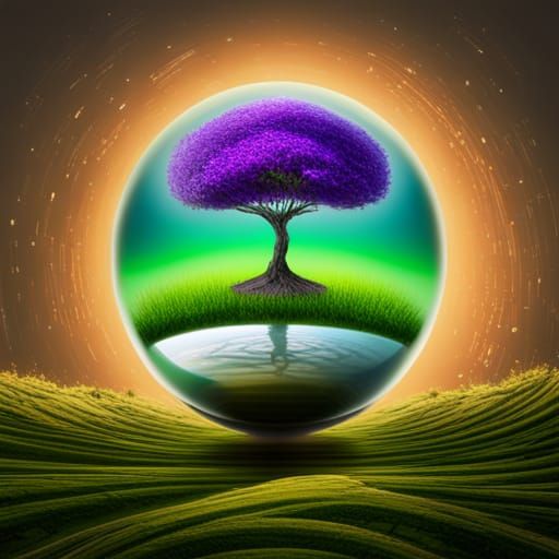 a purple tree sitting on top of a lush green field, tree of ...