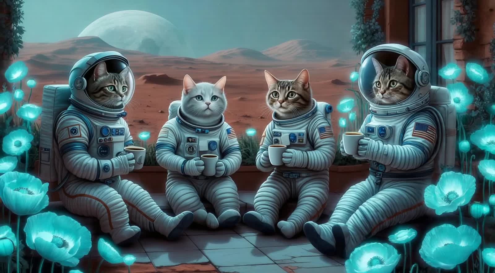 Cat astronauts on MARS drinking cups of coffee getting high on caffeine in gardens of bioluminescent glowing azure blue ...