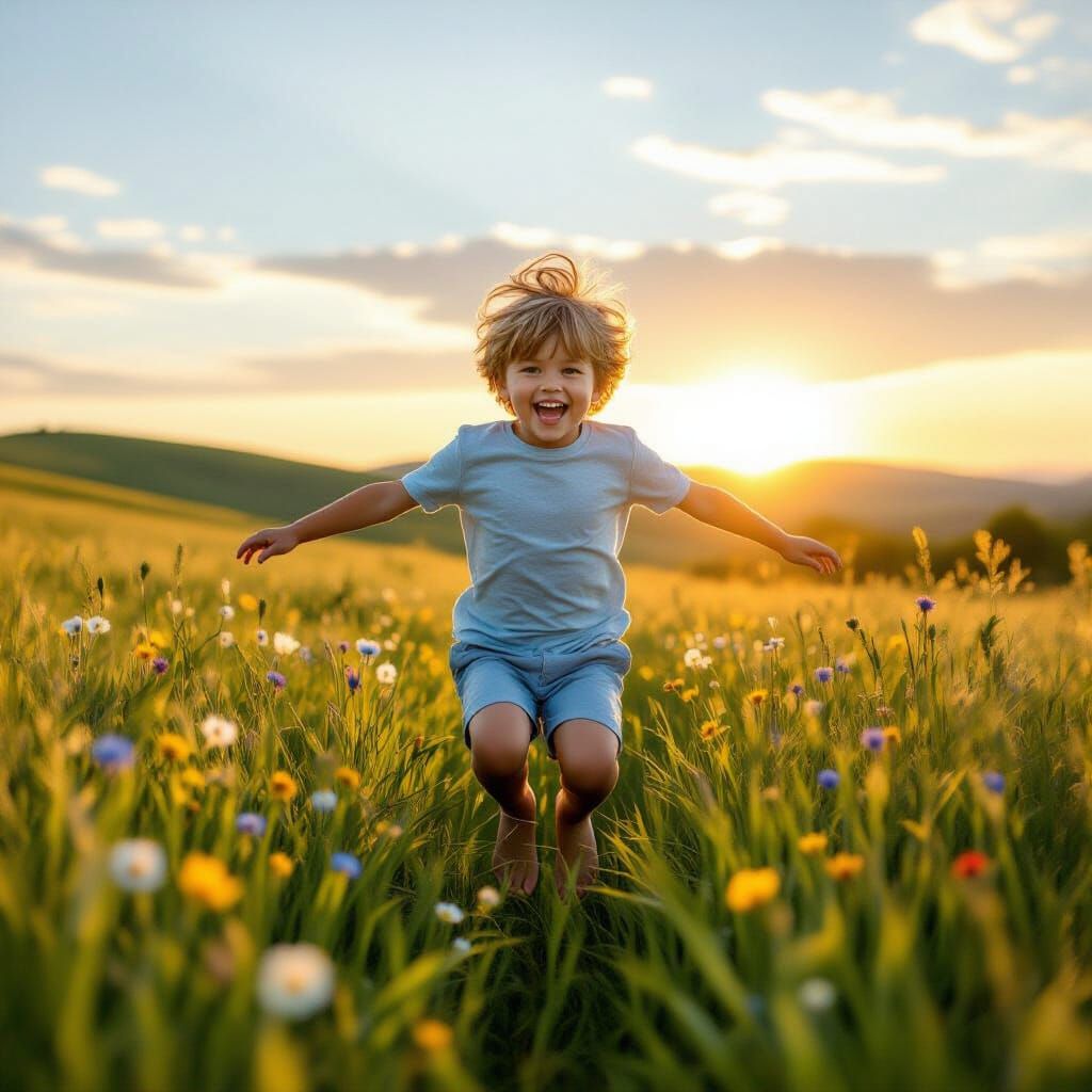 Joyful Child Jumps in Golden Hour Field