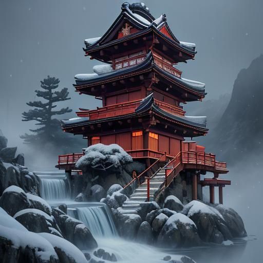Icy Waterfall and Shinto Shrine in Japanese Style