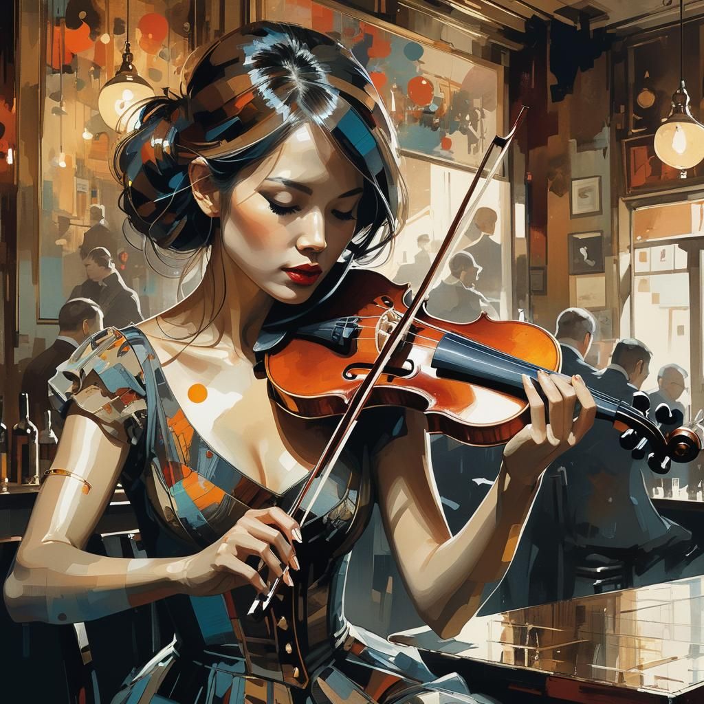 a beautiful woman playing violin in bar .