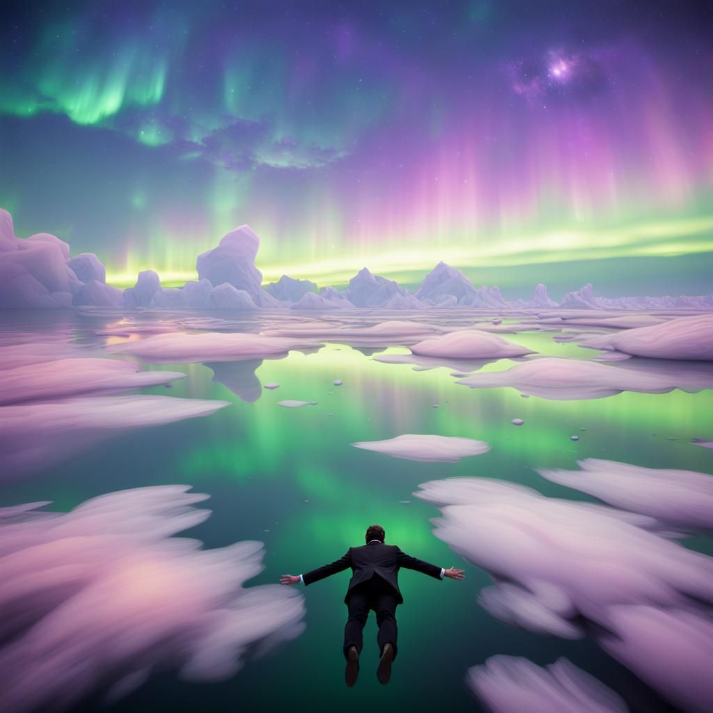 Man hovering over the water dressed in a black dress, in the...