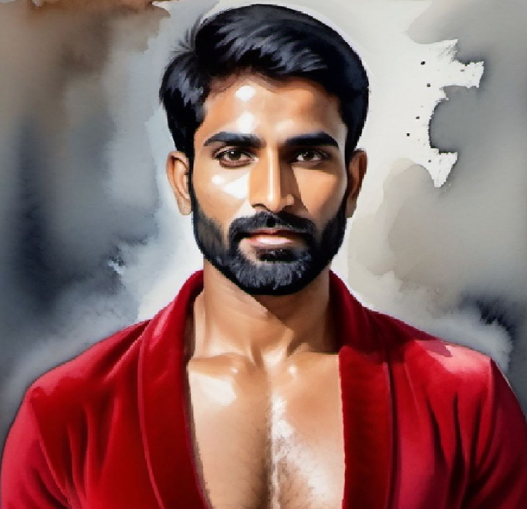 Gopal, a handsome bearded  man  wearing a      red velours  ...