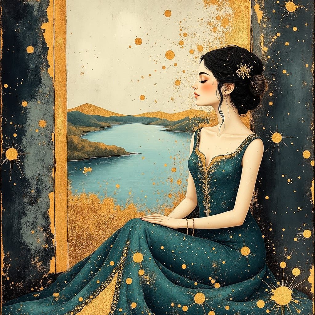 <lora:divineOil:1.0> beautiful woman, wearing an elaborately embroidered and embellished gown in gold ...  by @whiterose