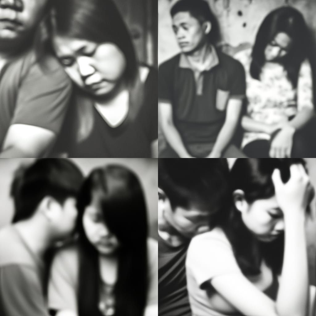 old black and white blur picture of a young sad couple.