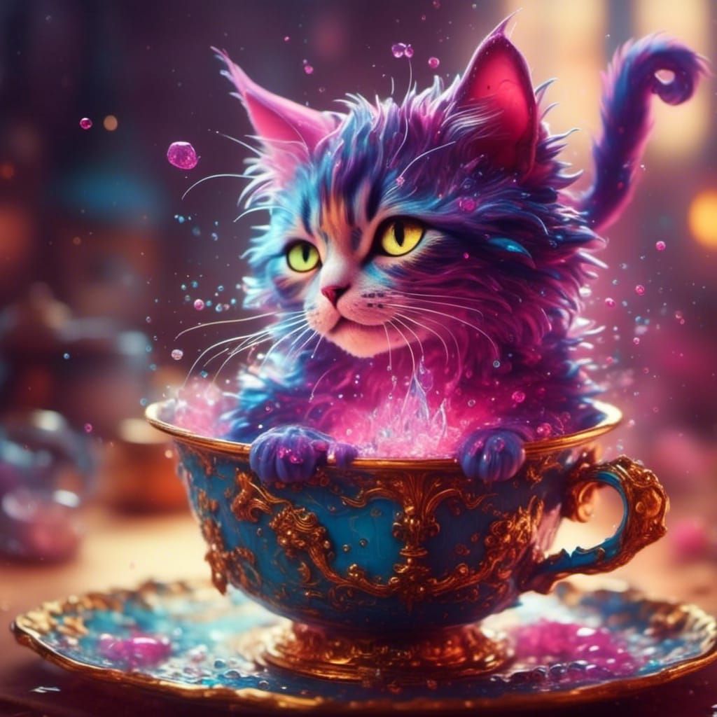 cutesy demonic kitty in tea cup Hyperrealistic, splash art, concept art ...