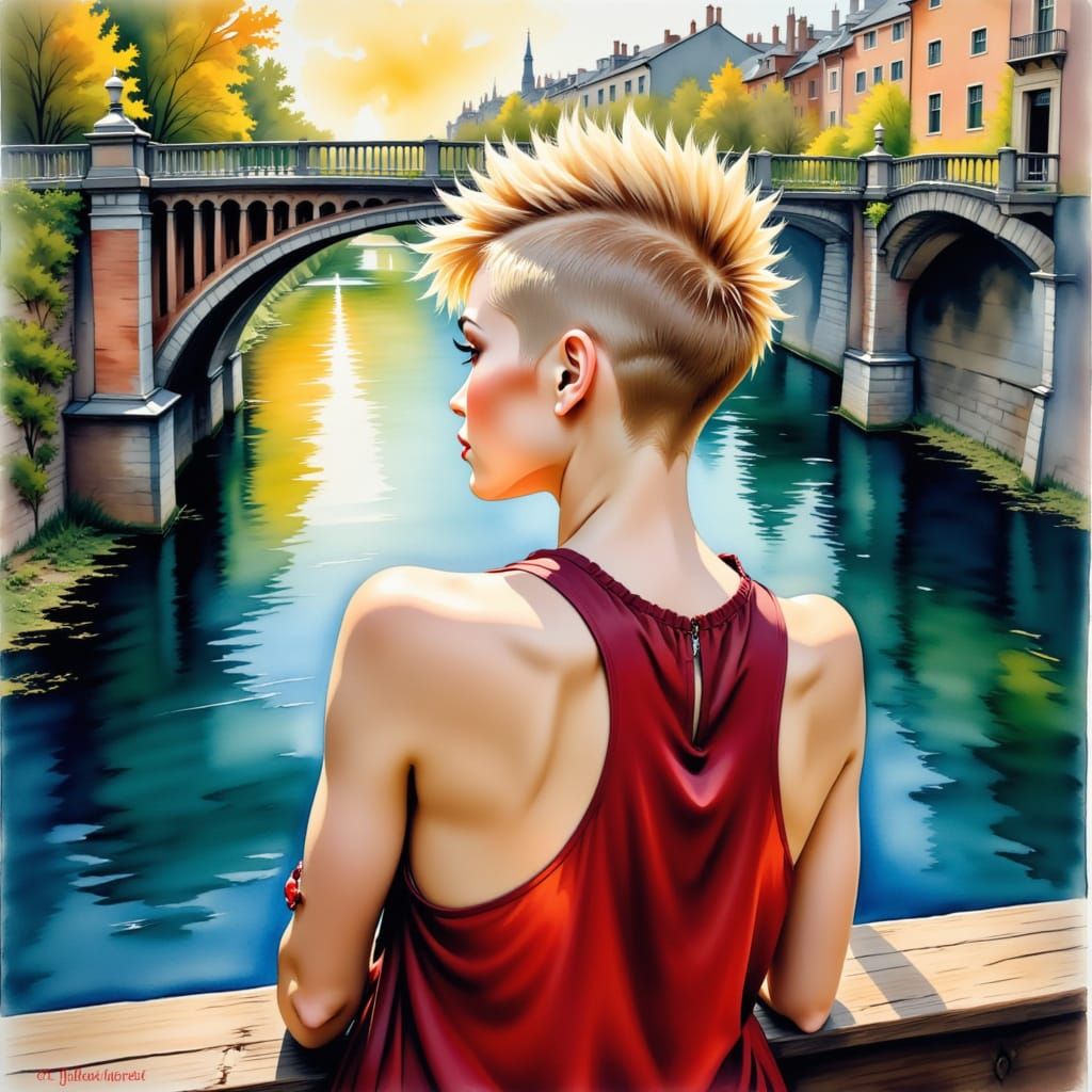 <lora:StarlightXLFlux:1.0> "a stunning woman on top of a bridge looking out over the river.A short faded blond wavy haircut, detailed pixie ...
